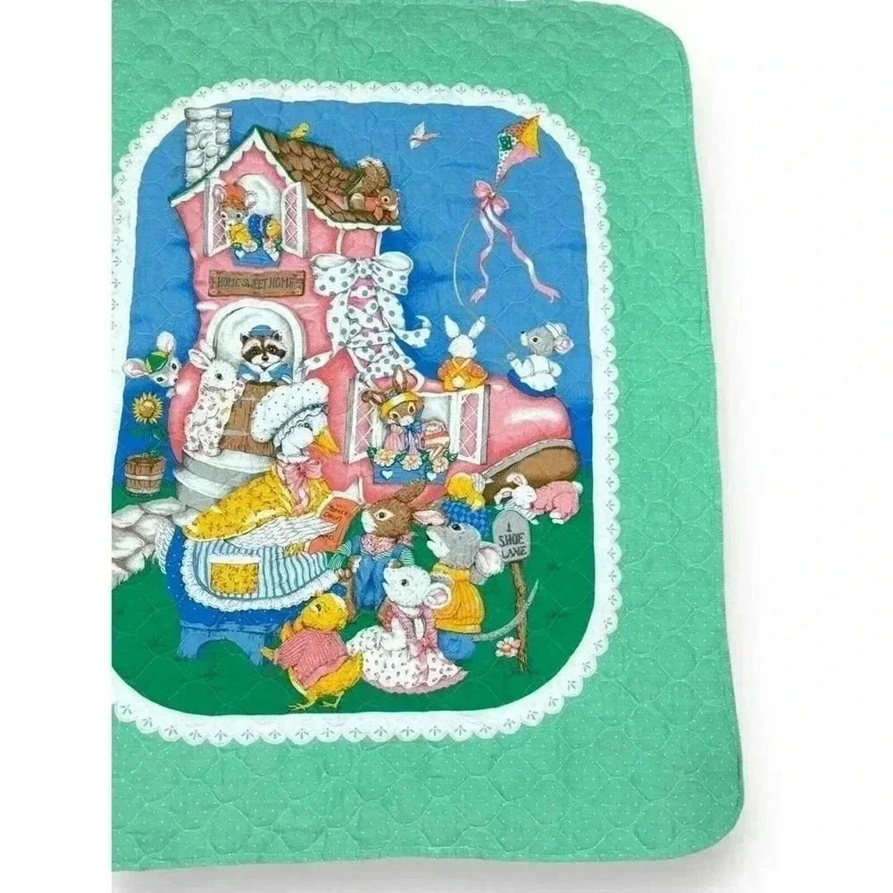 Vintage Mother Goose Nursery‎ Rhyme Baby Blanket Green OS Excellent Quilted - Picture 5 of 11
